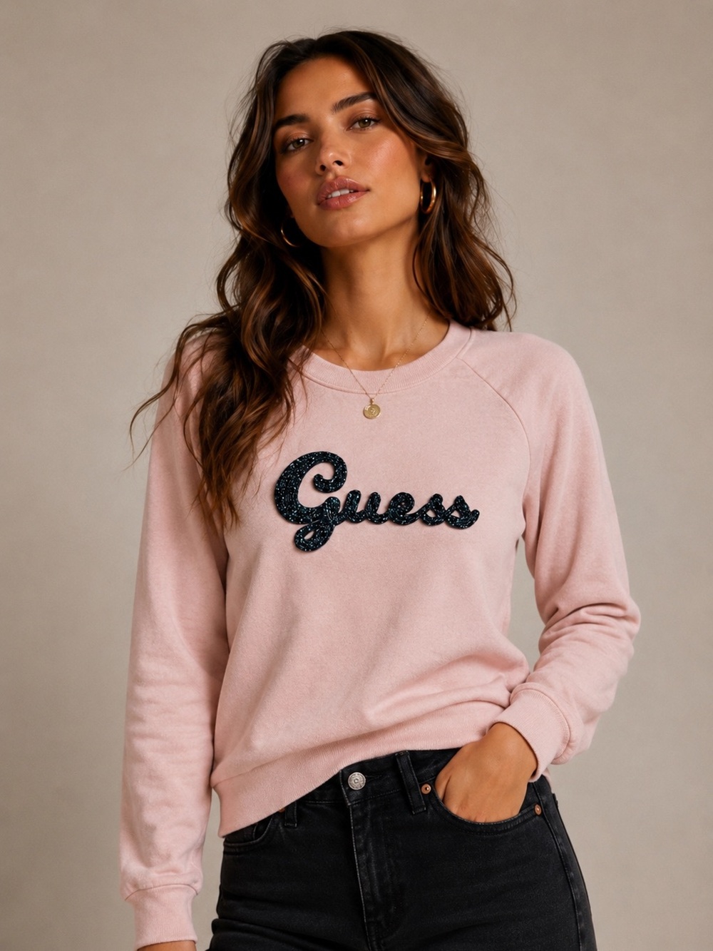 Guess Pink Crewneck Sweatshirt with Black Beaded Logo